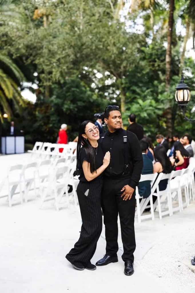 Solfilms co-founders in formal attire ready at an outdoor wedding ceremony